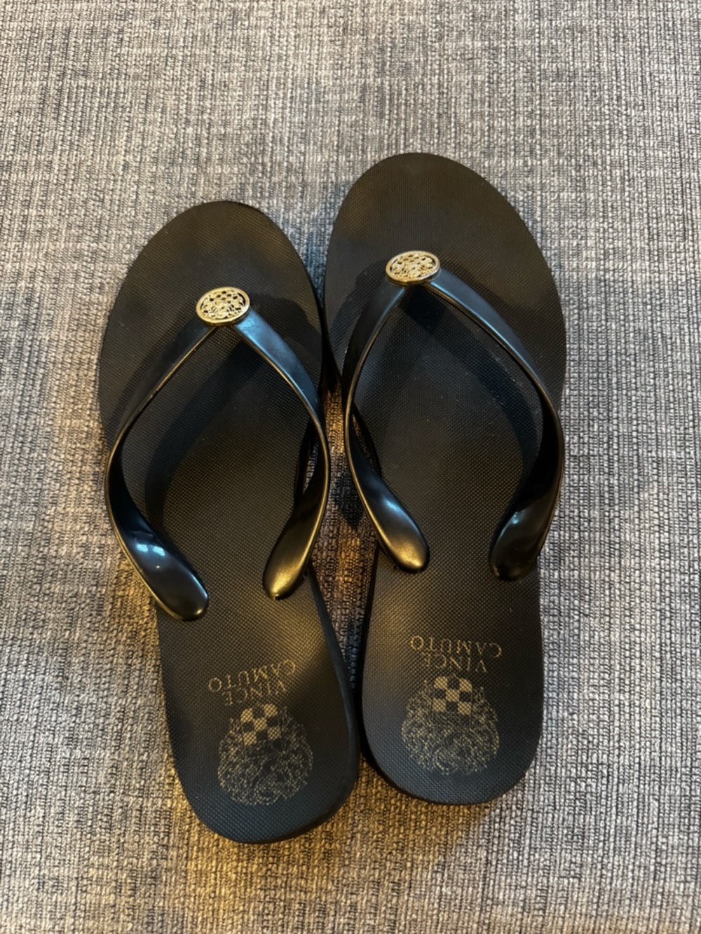 Vince Camuto Black Flip Flop Sandals with Gold Logo Medallion